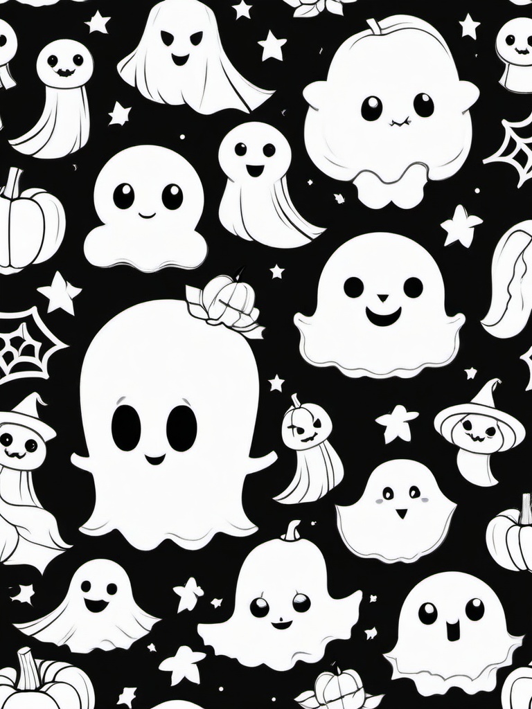 Kawaii Halloween Coloring Pages - Adorable Ghosts and Pumpkins for Halloween  minimal black outline printable sheet, coloring page