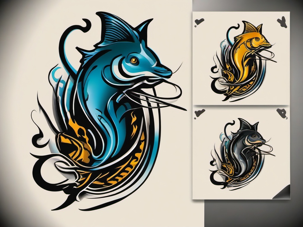 Catfish Hook Tattoo-Bold and dynamic tattoo featuring a catfish and a fishing hook, perfect for those who enjoy catfishing.  simple color vector tattoo