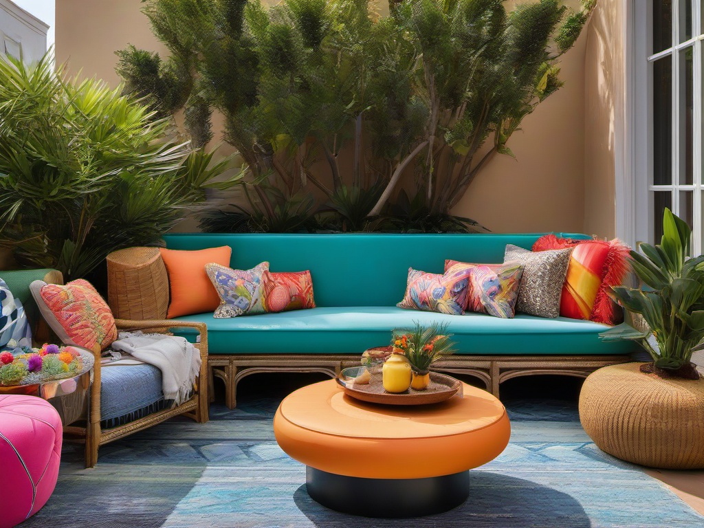 The terrace embraces maximalist interior design with colorful furniture, playful decor, and vibrant plants, providing an exciting space for gatherings and enjoyment.  