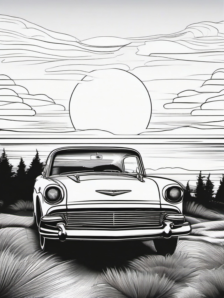 Car and Sunset Coloring Pages - Beautiful Scene of Car at Dusk  minimal black outline printable sheet, coloring page