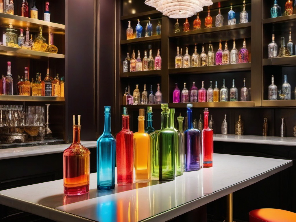 In the bar room, maximalist interior design includes colorful bottles, unique glassware, and playful decor that create a lively environment for socializing and celebration.  