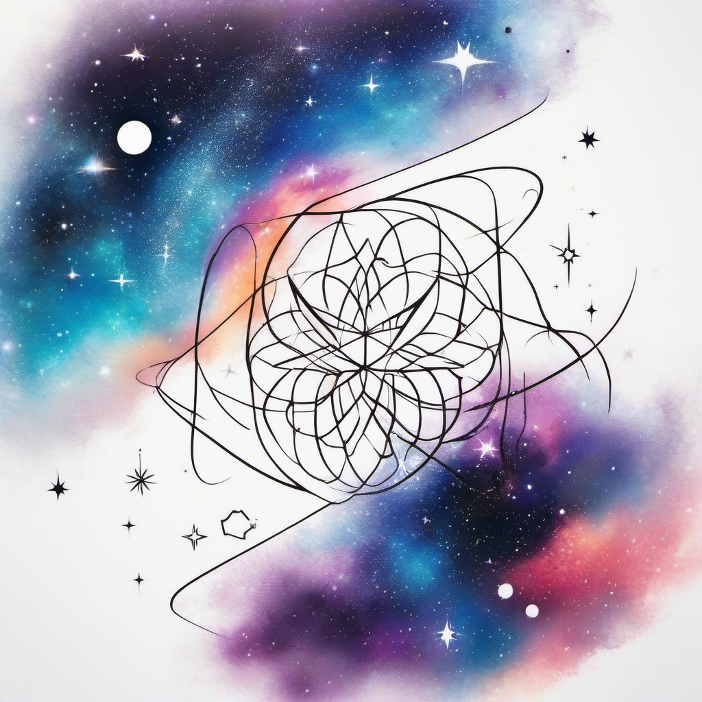 Galaxy Tattoo - A colorful galaxy tattoo with distant stars  few color tattoo design, simple line art, design clean white background