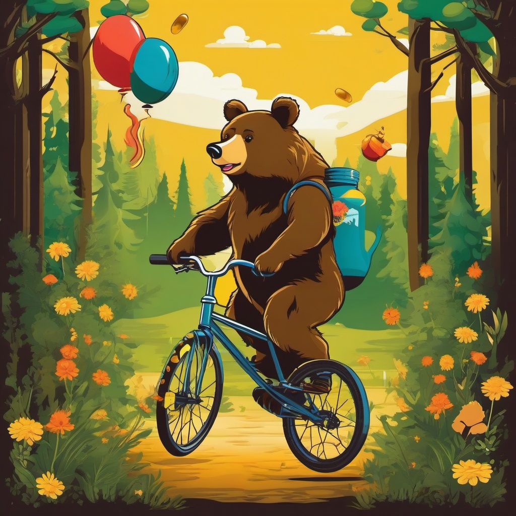 Comical Bear - Craft a scene with a bear riding a unicycle and juggling honey jars in the forest. ,t shirt vector design