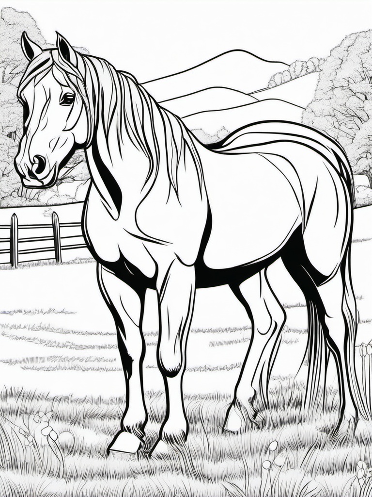 Farm Animal Coloring Pages - Horse with a braided mane in the pasture  simple coloring pages