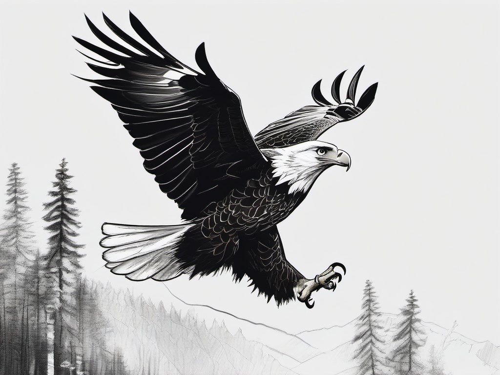 drawing of an eagle above a forest  minimal rough sketch scribbles,doodles,black and white