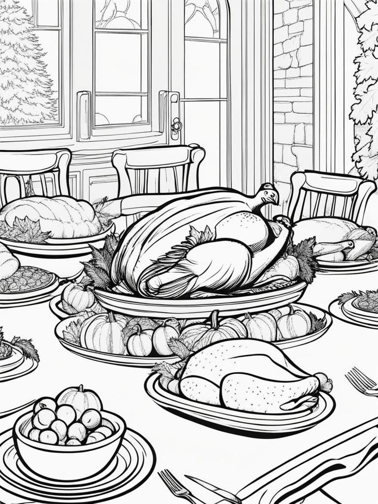 turkey coloring pages - turkeys gather for a grand feast in a festive thanksgiving scene. 