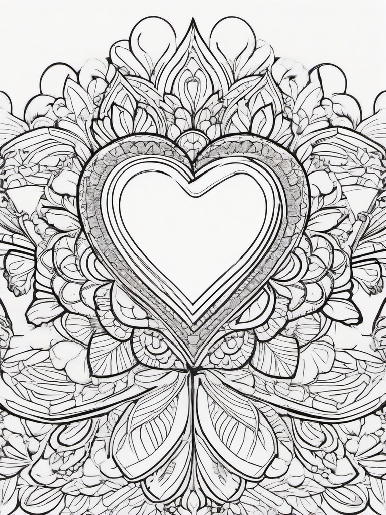 Heart and Flower Mandala Coloring Pages - Intricate Heart and Flower Combinations  minimal black outline printable sheet, coloring page