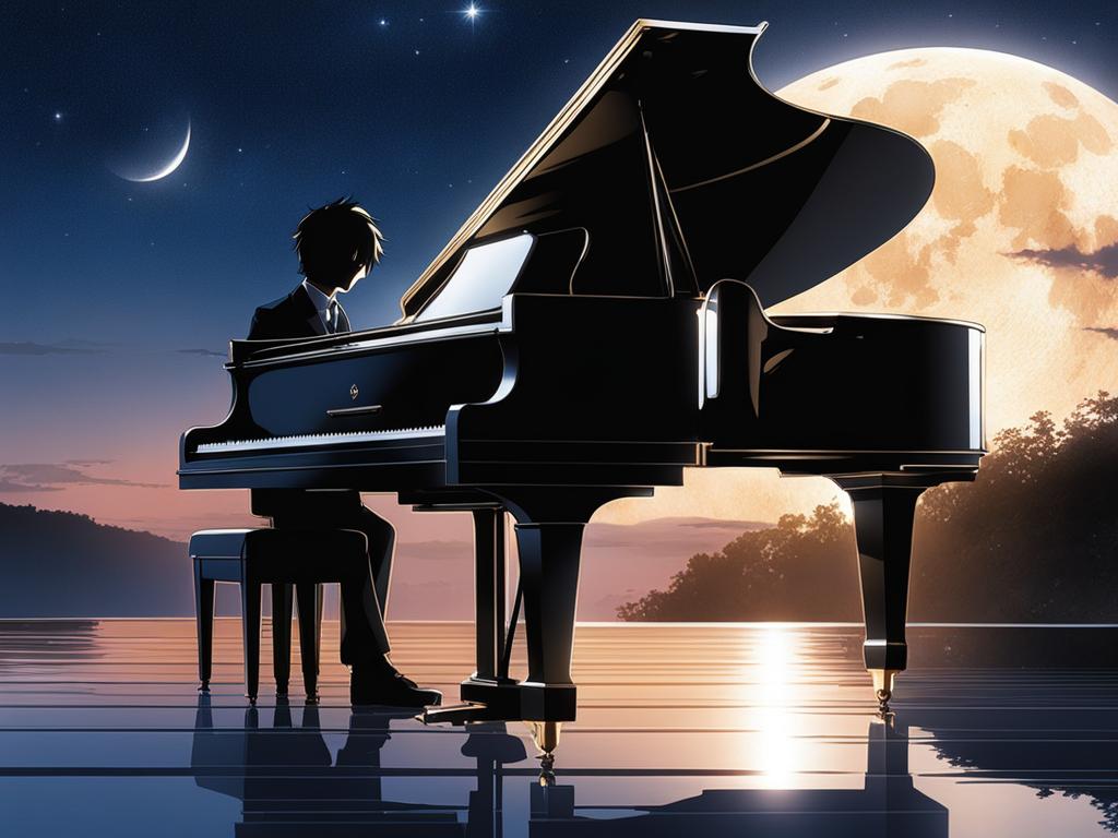 shigatsu wa kimi no uso creates breathtaking music with a grand piano on a moonlit stage. 