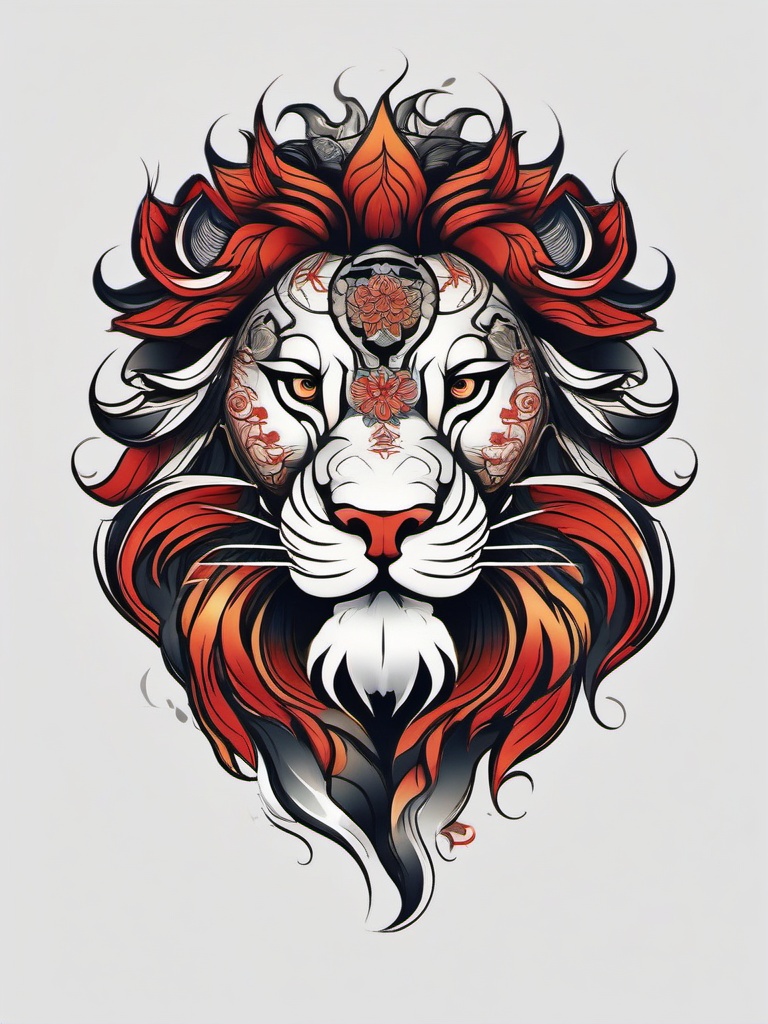 Japanese lion tattoo, Tattoos inspired by Japanese culture and featuring the mythical lion-like creatures. , color tattoo designs, white clean background