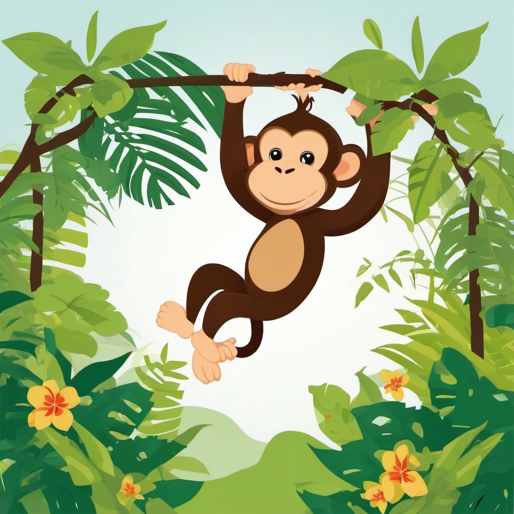 Monkey Clipart - Monkey swinging from vines in the tropical jungle , minimal, 2d