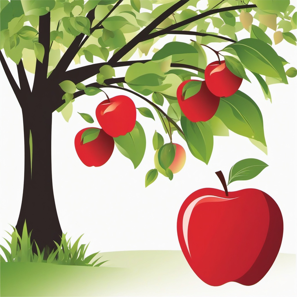 Apple Clipart - A ripe apple hanging from a tree.  color clipart, minimalist, vector art, 