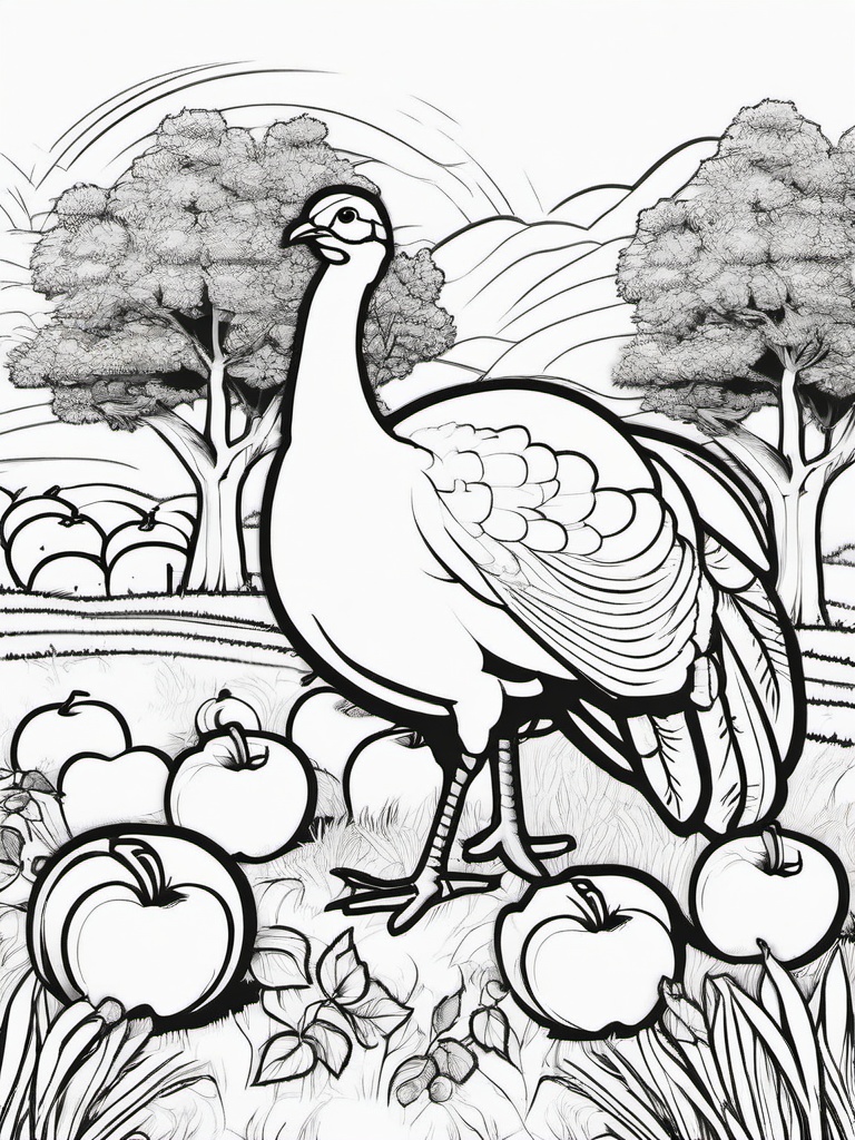 Turkey and Apple Orchard Coloring Pages - Turkey Enjoying a Day in the Orchard  minimal black outline printable sheet, coloring page