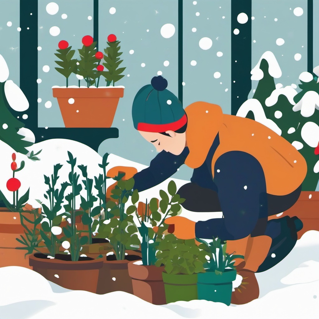 Winter Gardening clipart - Tending to plants in a winter garden, ,vector color clipart,minimal