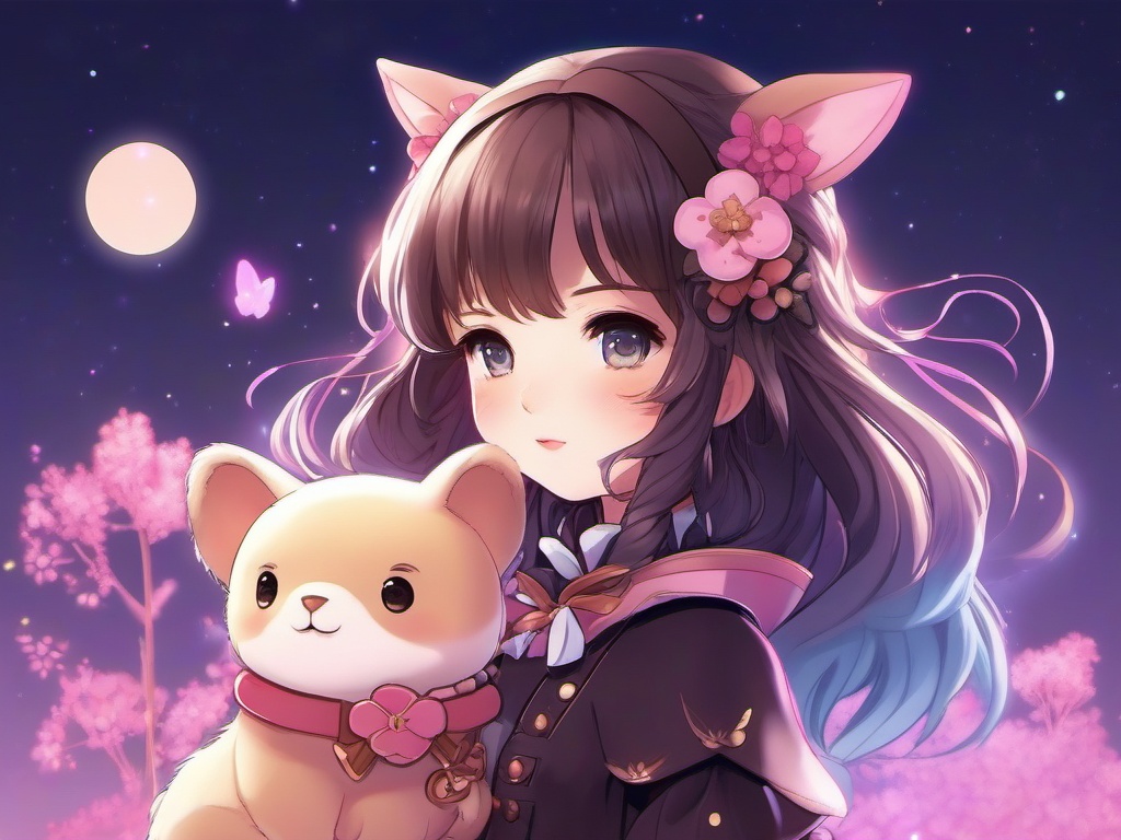 Kawaii magical girl with a talking animal companion.  front facing ,centered portrait shot, cute anime color style, pfp, full face visible