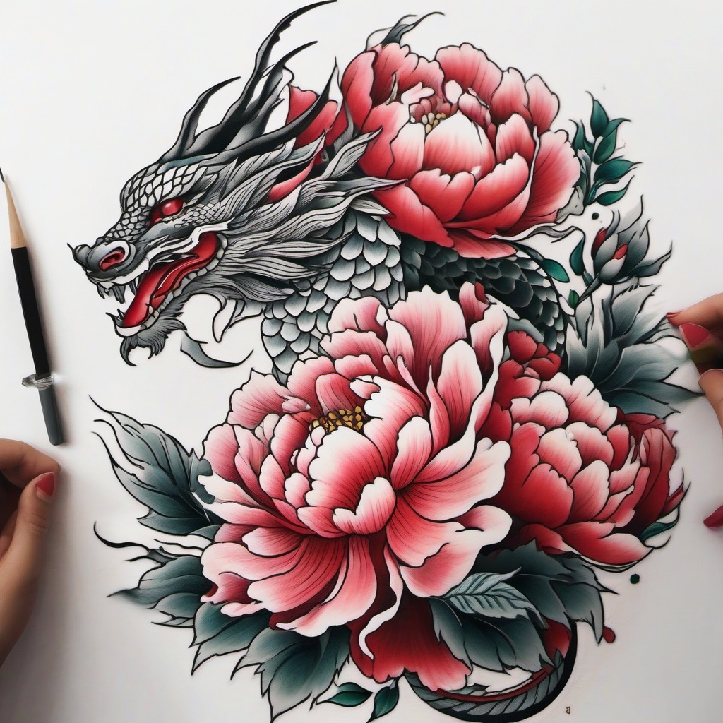 Dragon and Peony Tattoo - Dragon and peony fusion tattoo.  simple color tattoo,white background,minimal