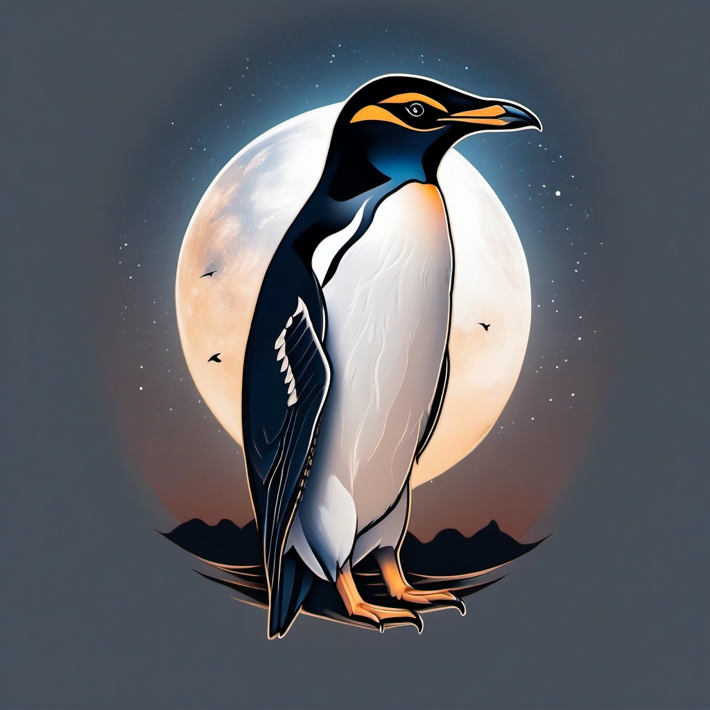 Penguin tattoo against moonlit sky, embodying wisdom, with subtle falcon features.  color tattoo style, minimalist design, white background