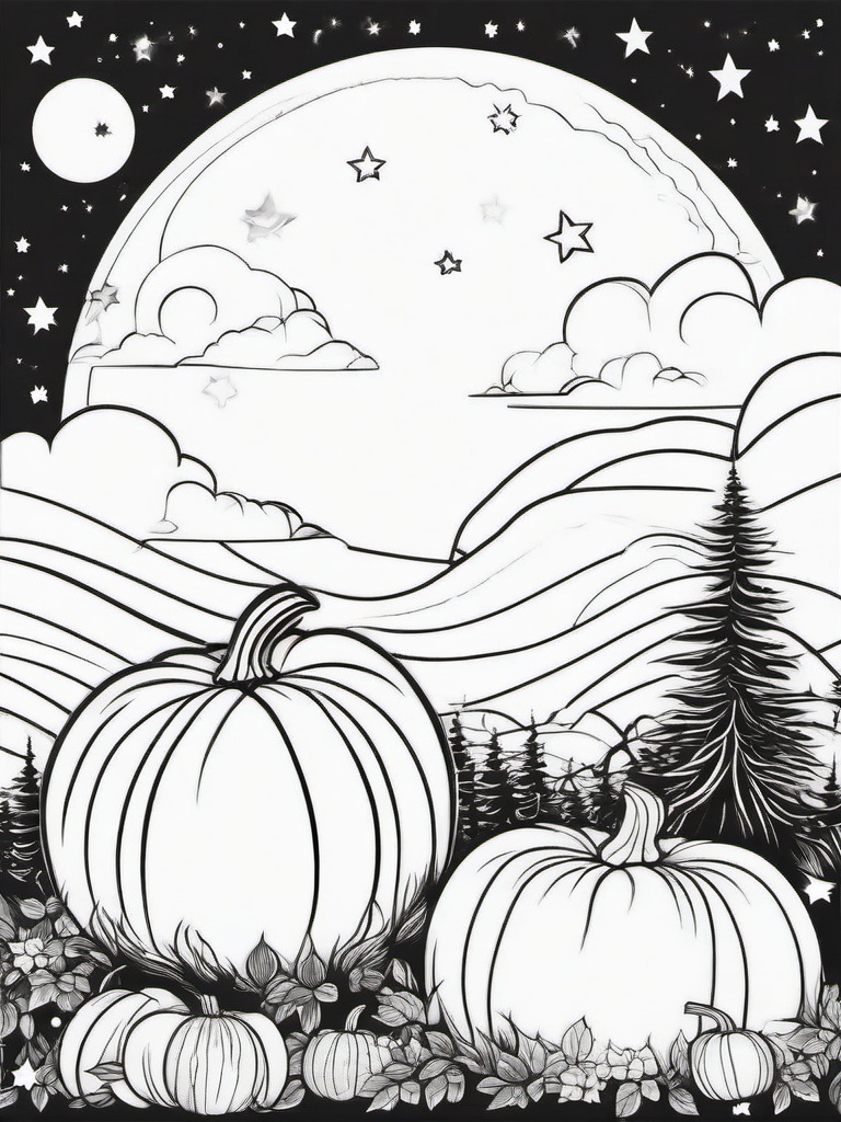 Pumpkin with Stars and Clouds Coloring Pages - Mystical Night Sky with Pumpkins  minimal black outline printable sheet, coloring page