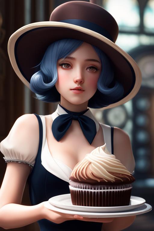 a girl as ( fantasy personification of chocolate cupcake ), character design, cute hats, victorian inspired clothing, unreal engine, highly detailed, smooth, digital illustration by artgerm, tooth wu, studio ghibli, sharp focus, artstation. ribbons, fractal swirls. a fantasy bakery by studio ghibli, makoto shinkai, global illumination, sweets, blender, maya 8 k