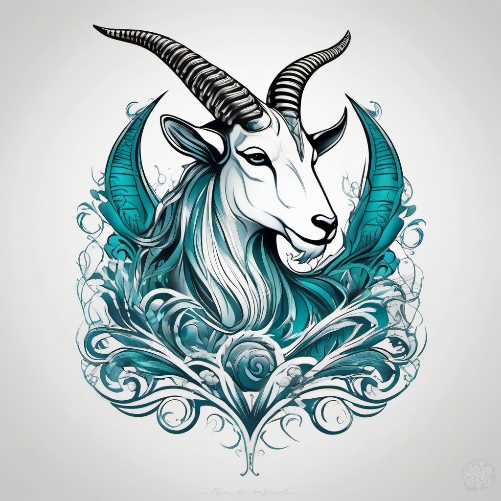 Sea Goat Tattoo - A tattoo featuring a sea goat design, blending aquatic and Capricorn elements.  simple color tattoo design,white background