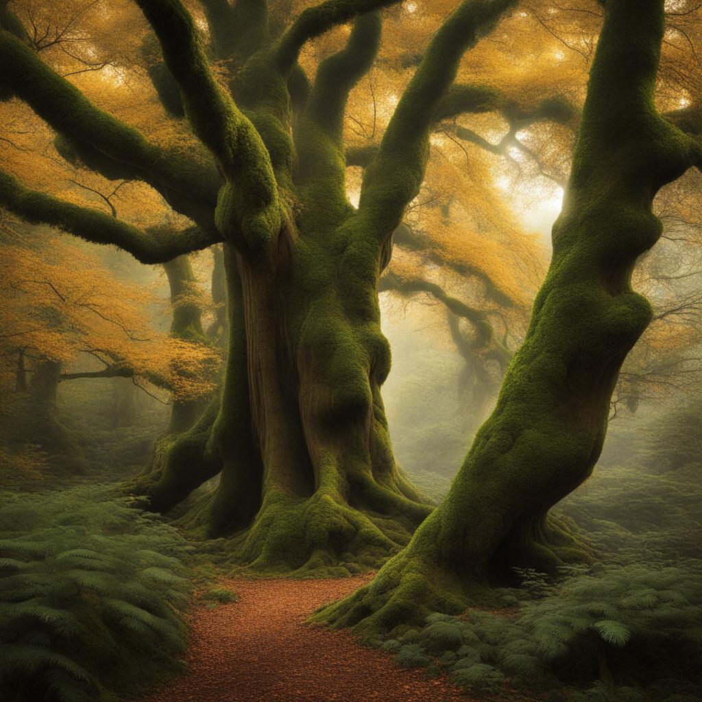 the sentient whispering forests, where ancient trees share the wisdom of millennia through rustling leaves. 