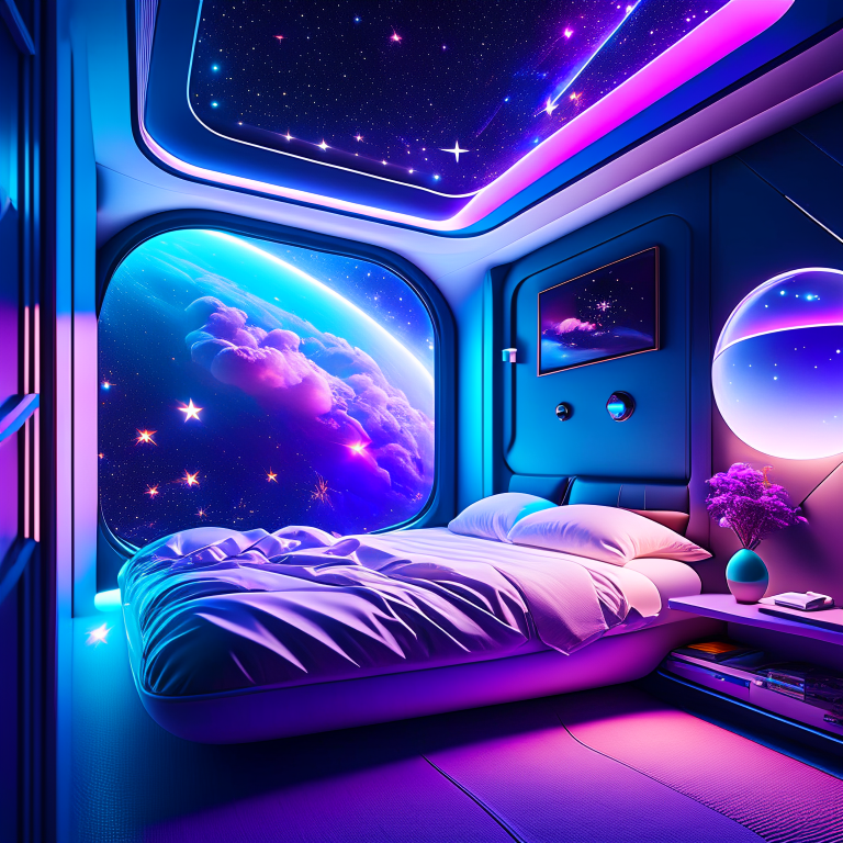 space explorer's bedroom with a zero-gravity sleeping pod and holographic constellations. 