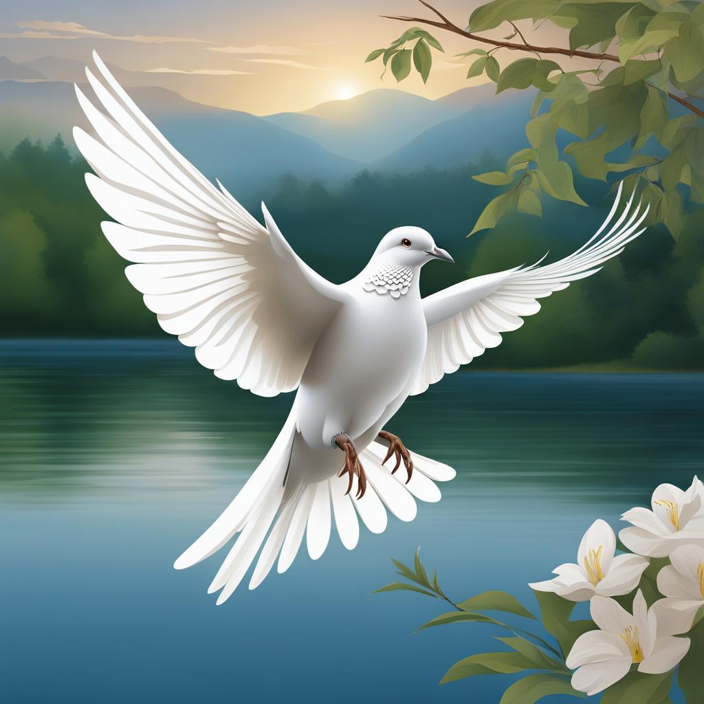 dove clipart - a peaceful dove in graceful flight, soaring above a tranquil lakeside 