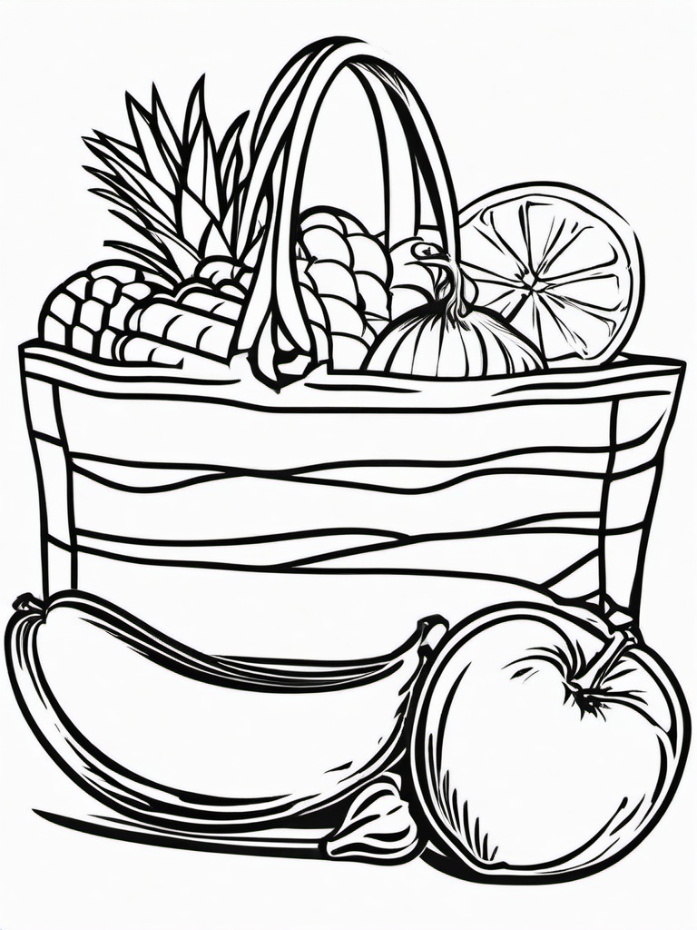 Food Coloring Pages - Fresh bag of groceries with fruits and veggies  simple coloring pages