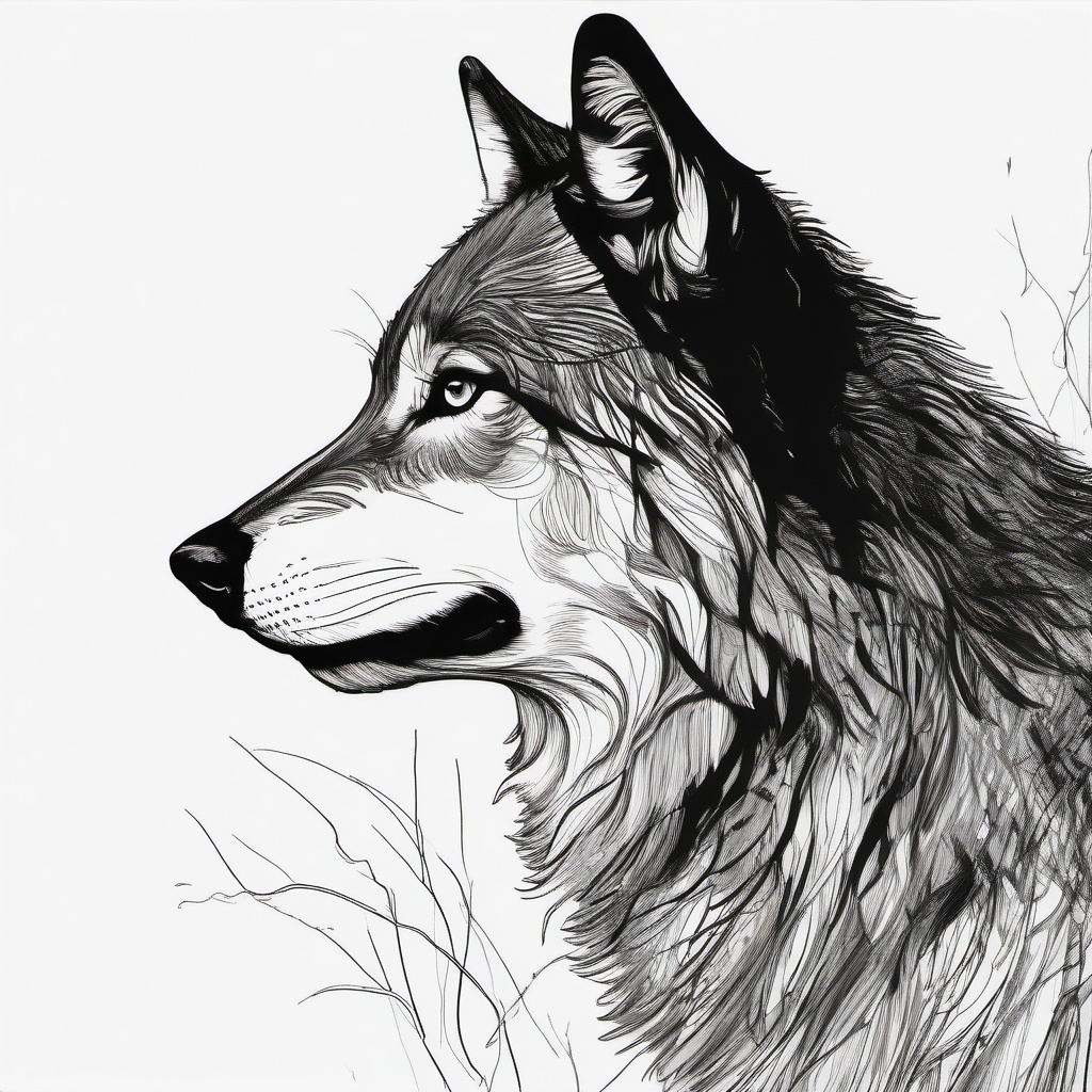 drawing of a wolf in rainforest  minimal rough sketch scribbles,doodles,black and white