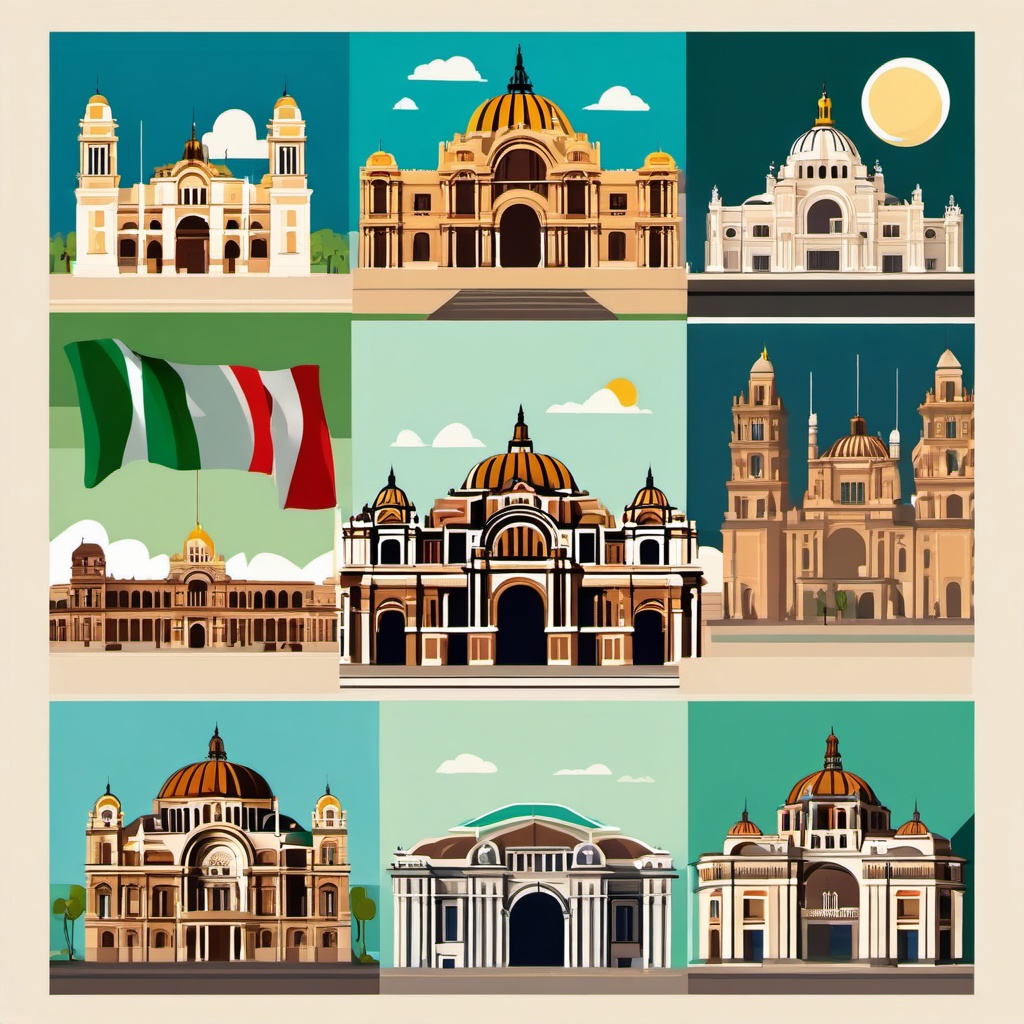 Mexico City clipart - Palacio de Bellas Artes and Zócalo, ,color clipart vector style