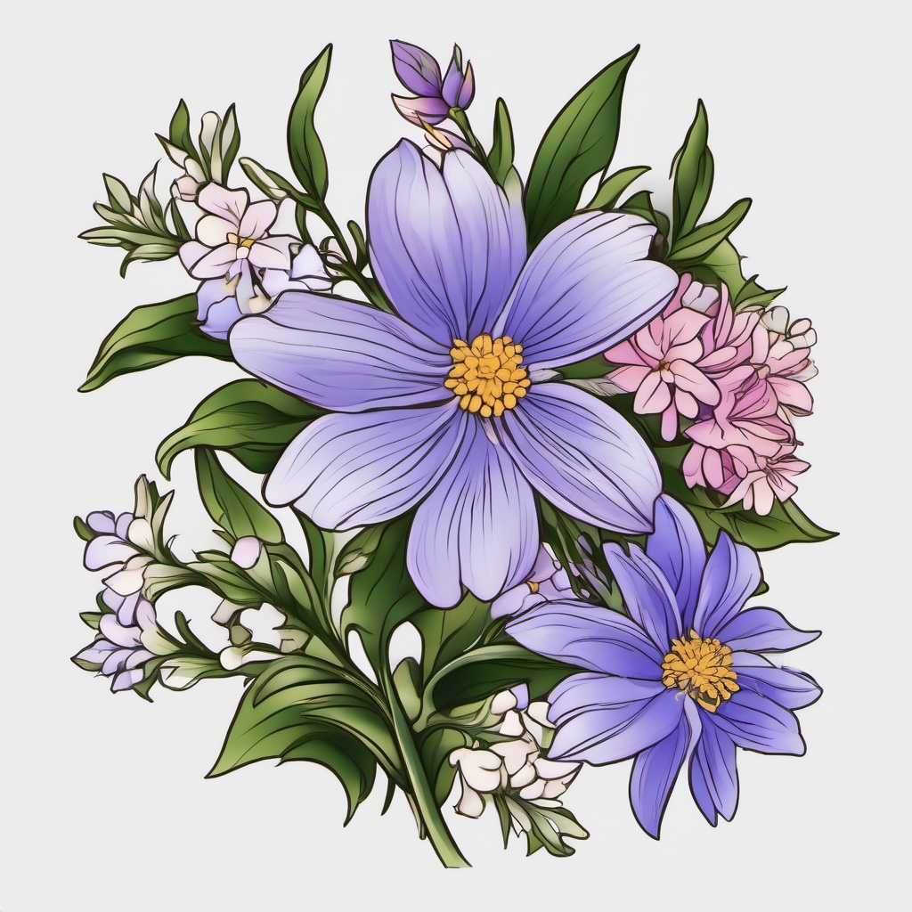 Aster and Larkspur Tattoo-Embracing the beauty of July with a tattoo featuring the birth flowers, aster and larkspur, symbolizing elegance and positive energy.  simple vector color tattoo