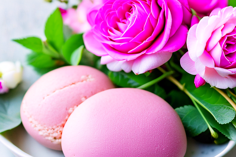 an exquisite rosewater macaron, delicate with a fragrant floral flavor and a smooth ganache filling. 