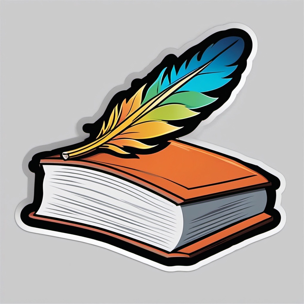 Book and Quill Sticker - Open book with a feather quill, ,vector color sticker art,minimal