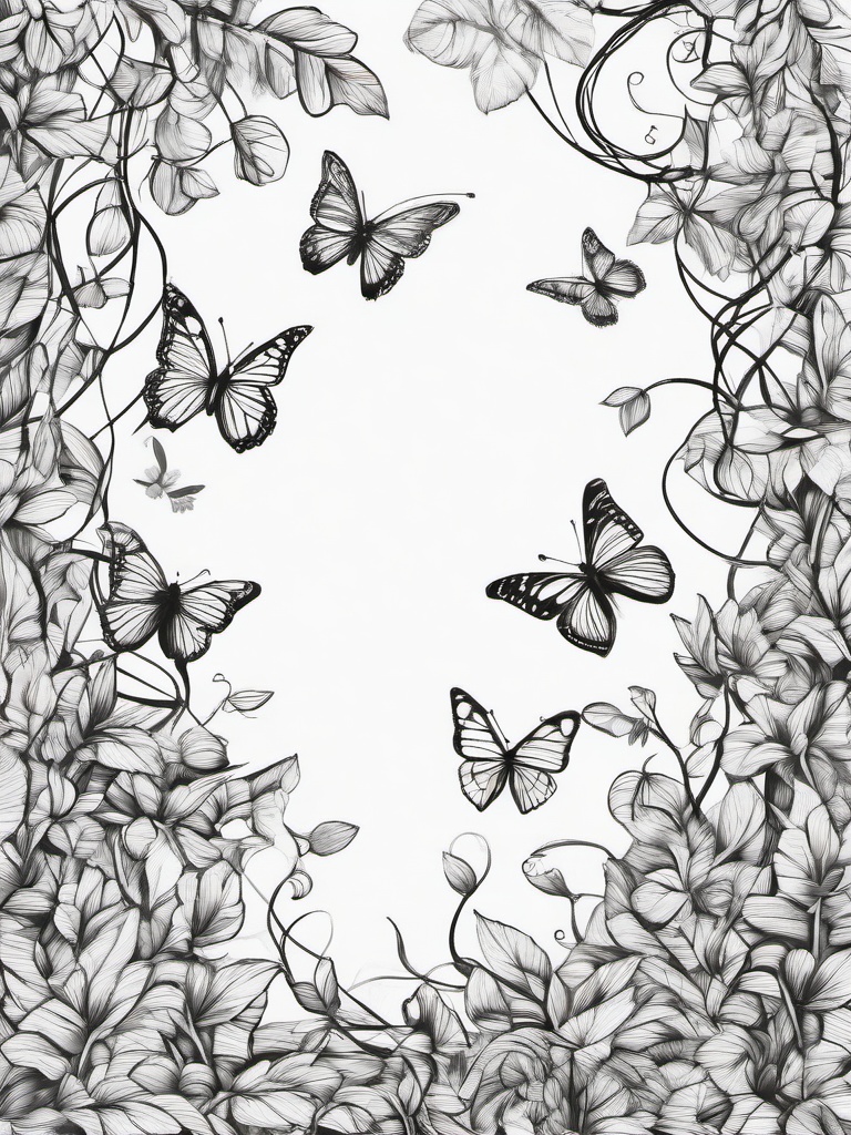 drawing of a vine with butterflies  minimal rough sketch scribbles,doodles,black and white