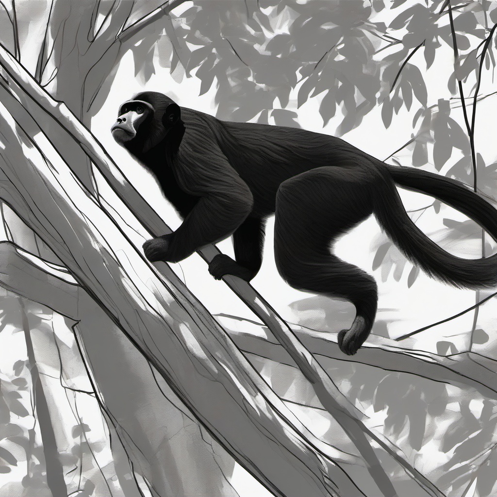 drawing of a howler monkey in trees  minimal rough sketch scribbles,doodles,black and white