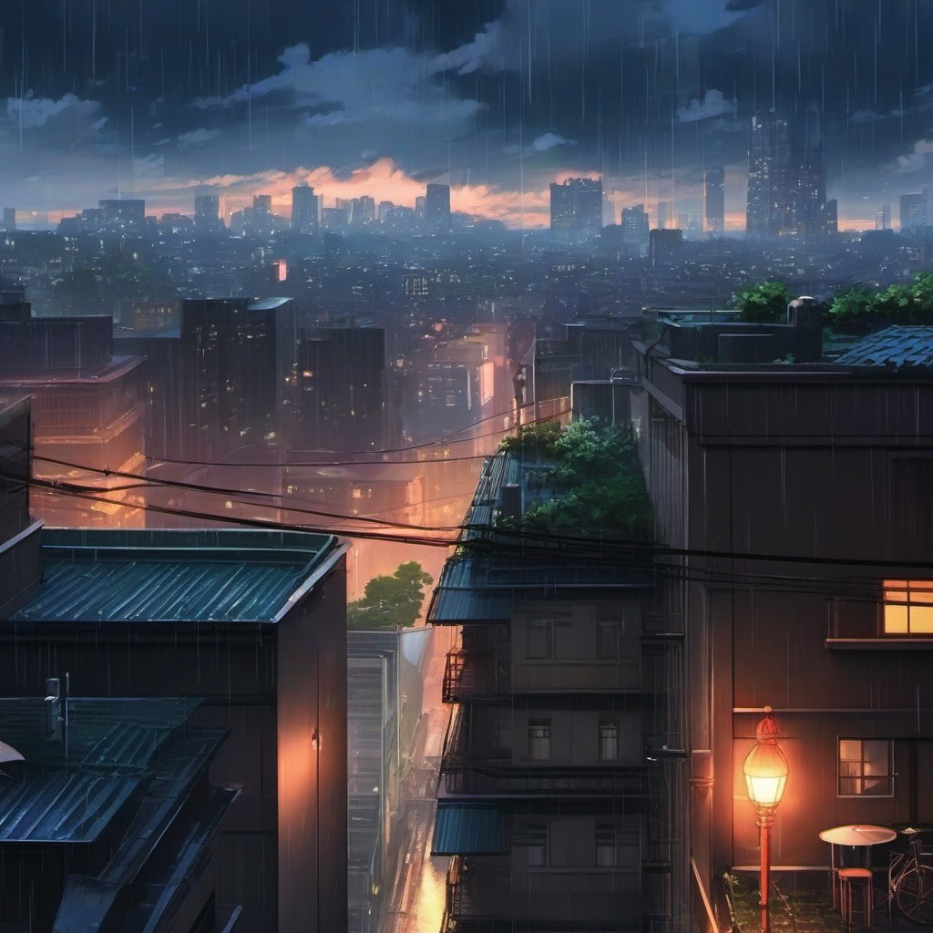 Rainy city rooftop view. anime, wallpaper, background, anime key visual, japanese manga