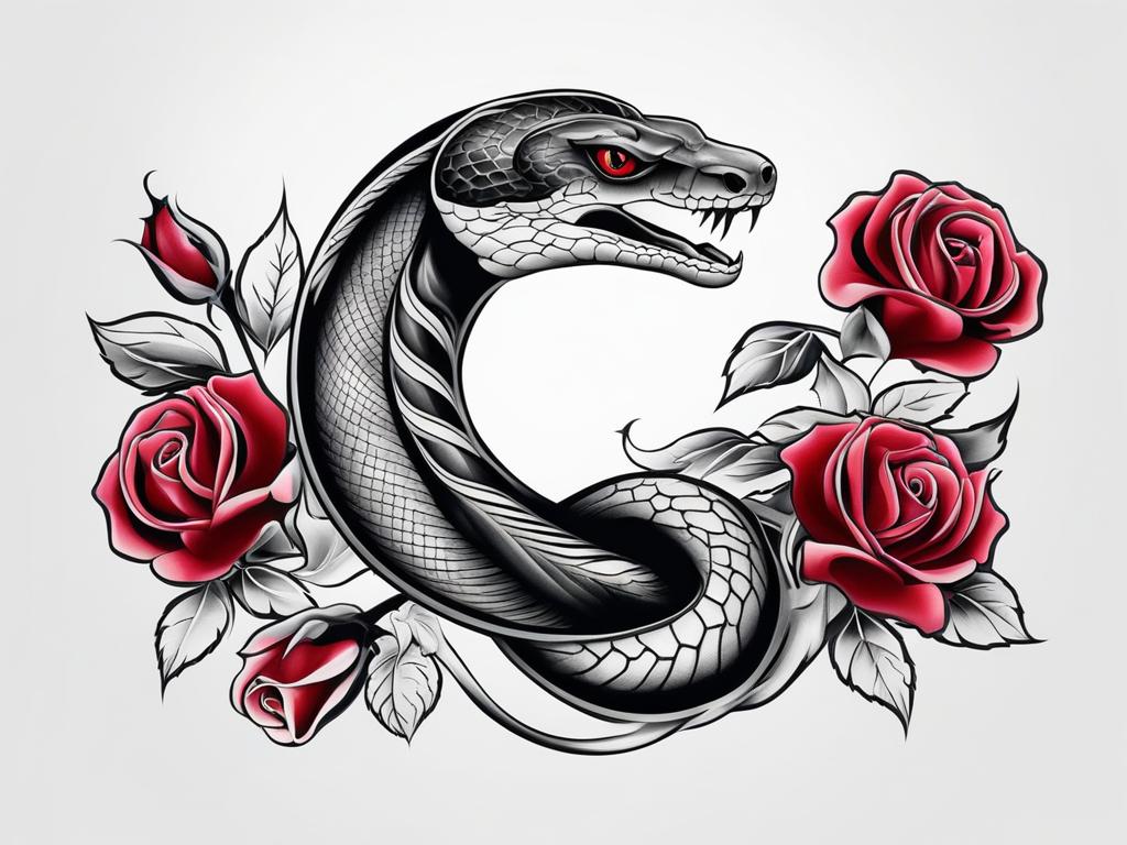 Snake rose tattoo, Tattoos blending snake symbolism with the grace of roses.  color, tattoo patterns, white clean background