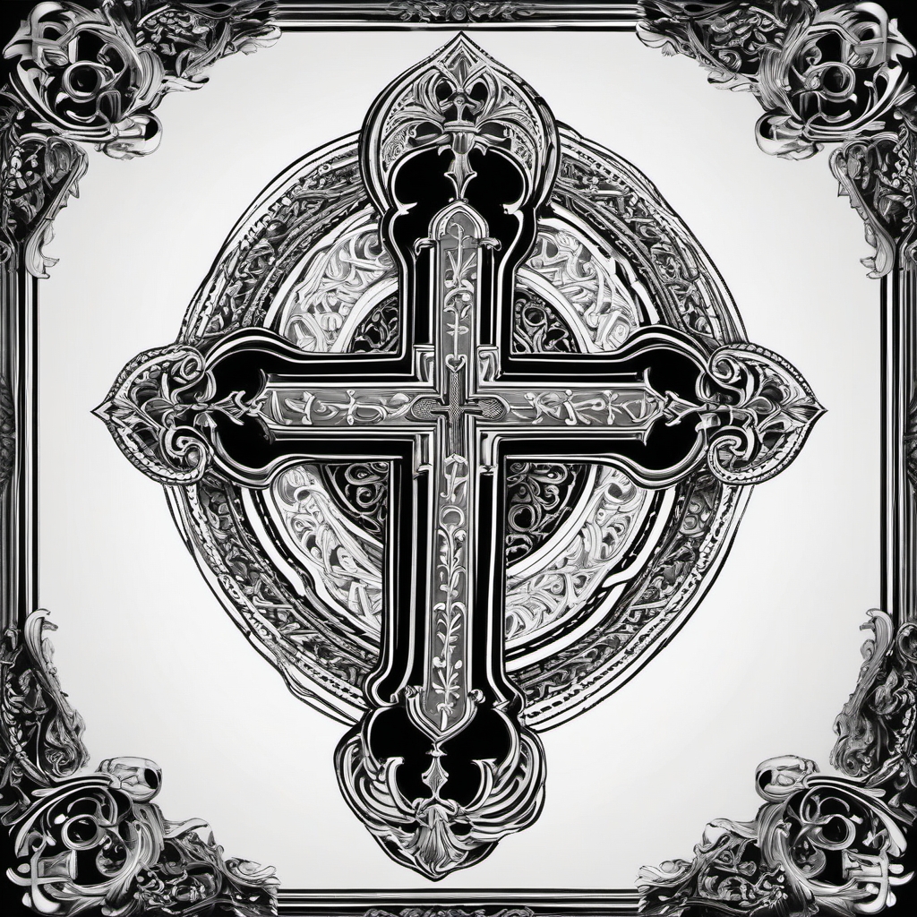 Catholic cross tattoo: A timeless symbol of faith and devotion.  black white tattoo, white background