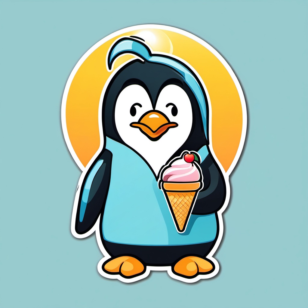 Penguin with Ice Cream and Sun Emoji Sticker - Sunny ice cream joy, , sticker vector art, minimalist design