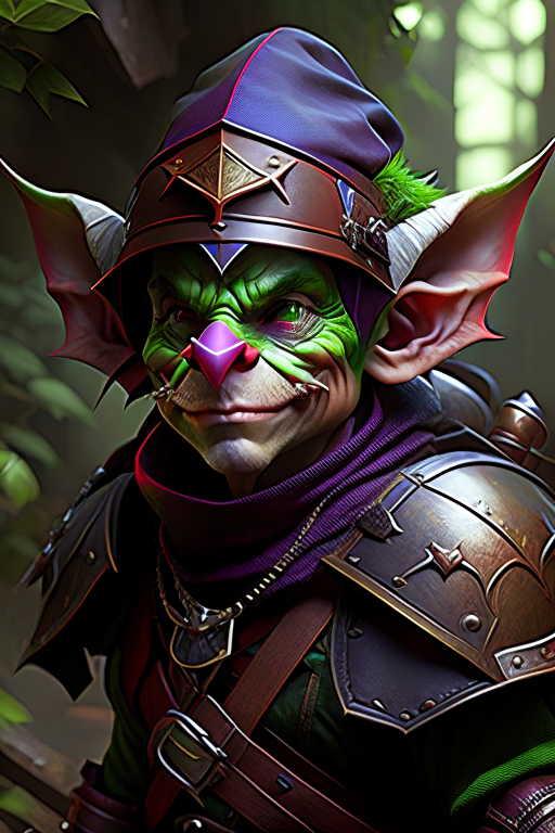 goblin rogue, cunning and stealthy, with a penchant for traps and ambushes. 