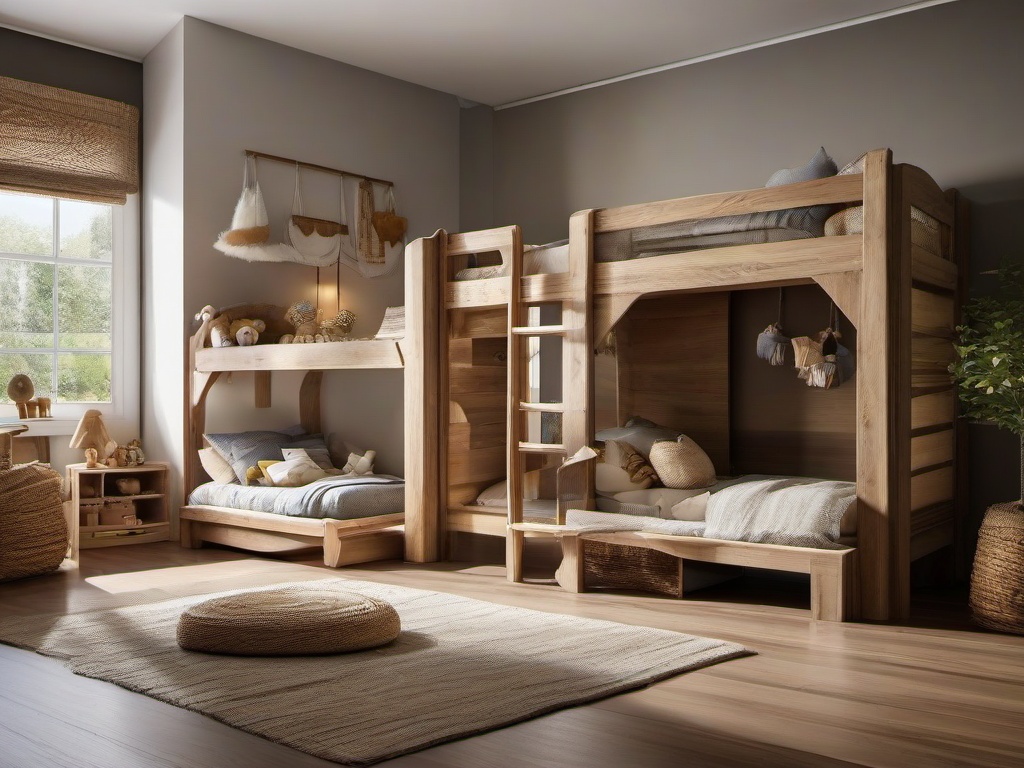 In the kids' room, rustic interior design showcases natural wood furniture, playful decor, and earthy colors that inspire creativity and imaginative play.  