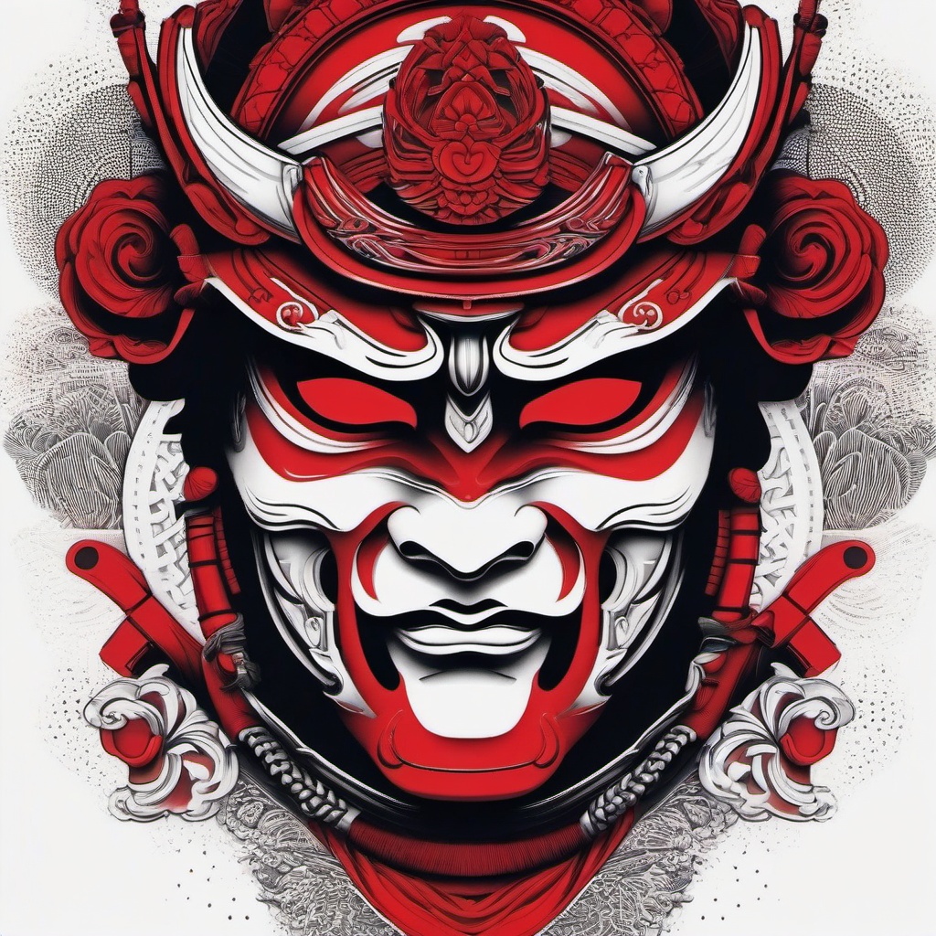 red samurai mask tattoo  simple color tattoo,white background,minimal