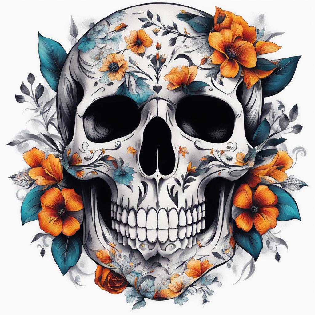 Floral skull tattoo, Creative tattoos that combine floral motifs with skull imagery.  vivid colors, white background, tattoo design