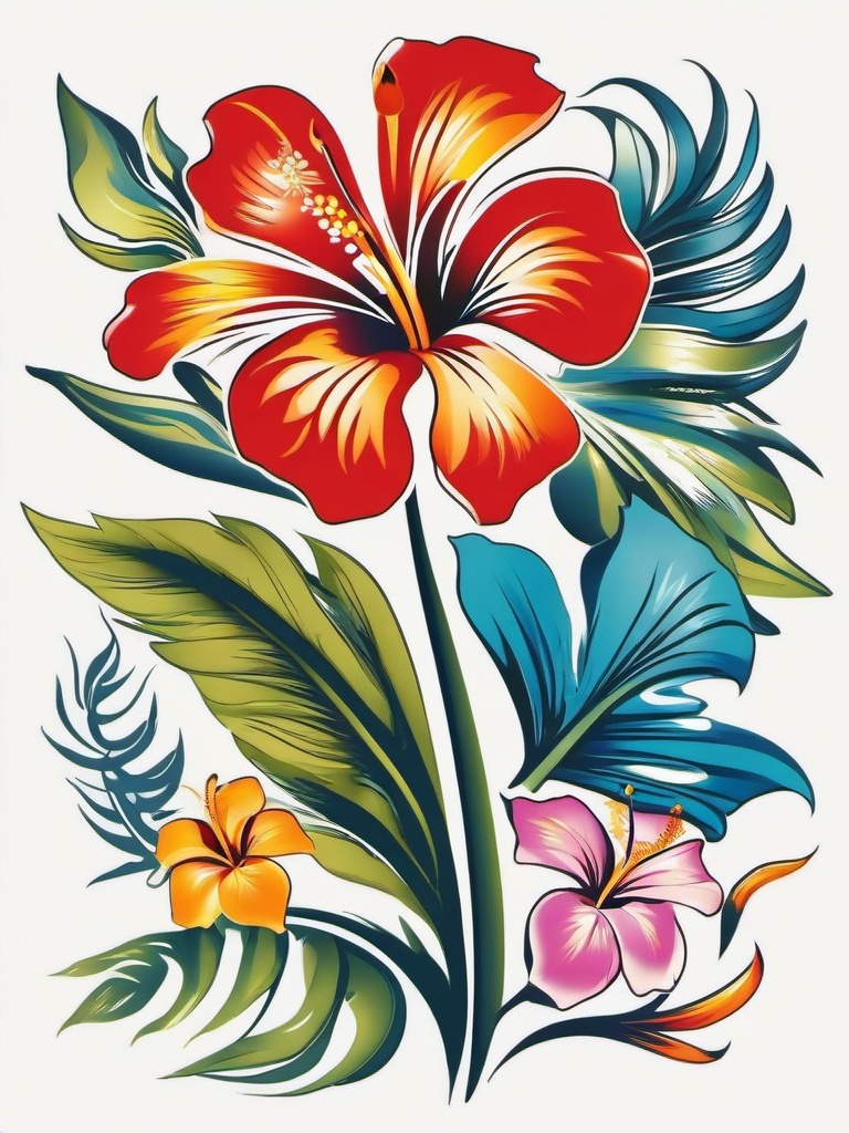 Colorful Hawaiian Flower Tattoos - Celebrate the vibrancy of Hawaiian flora with colorful tattoo designs capturing the essence of the islands.  simple vector color tattoo,minmal,white background