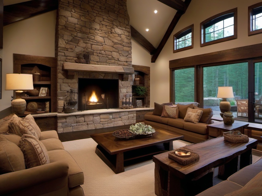 Rustic living room emphasizes comfort with oversized sofas, a wooden coffee table, and a stone fireplace that creates a cozy focal point.  