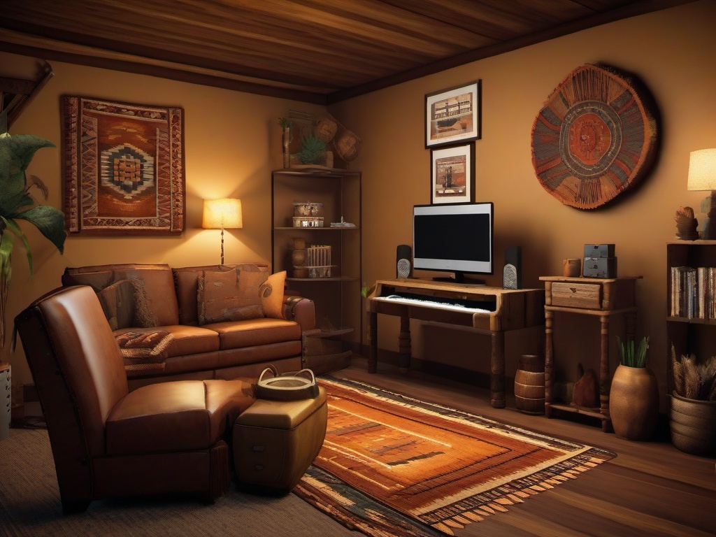 Southwestern gamer room combines earthy colors, patterned textiles, and rustic furniture for a warm and inviting atmosphere during gameplay.  