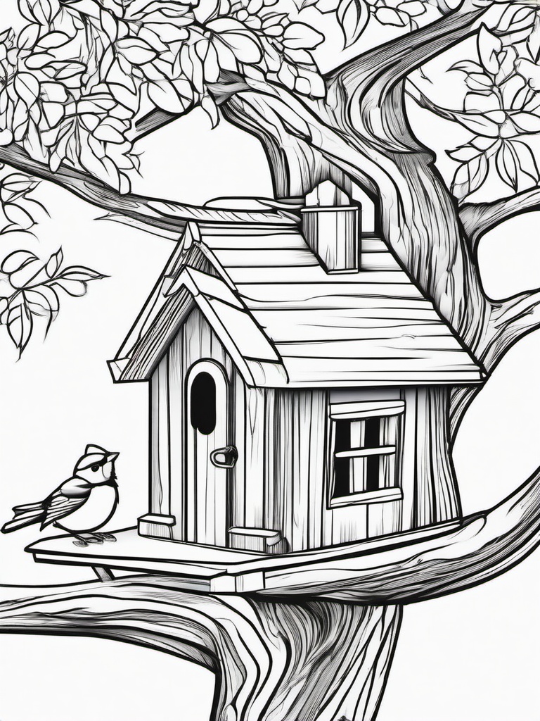 House Coloring Pages - Bird house hanging from a tree branch with colorful birds around  simple coloring pages