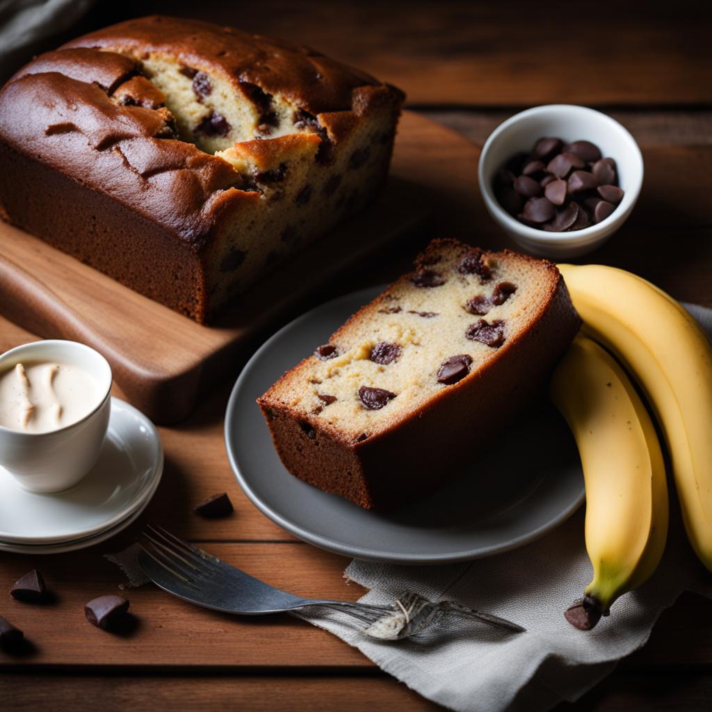 banana bread cake with chocolate chips, savored at a rustic cabin in the woods. 