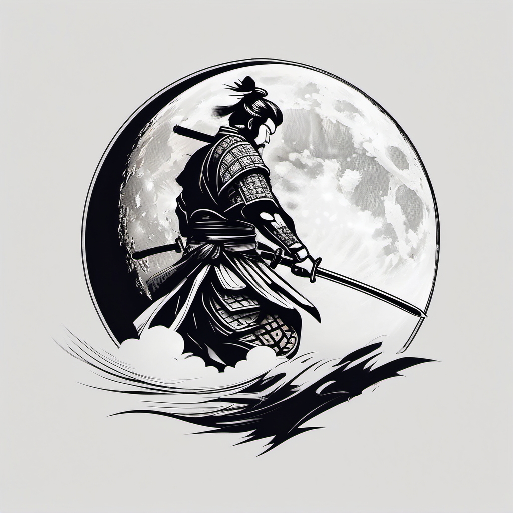 Samurai tattoo against the backdrop of the moon, embodying mystery.  color tattoo,minimalist,white background