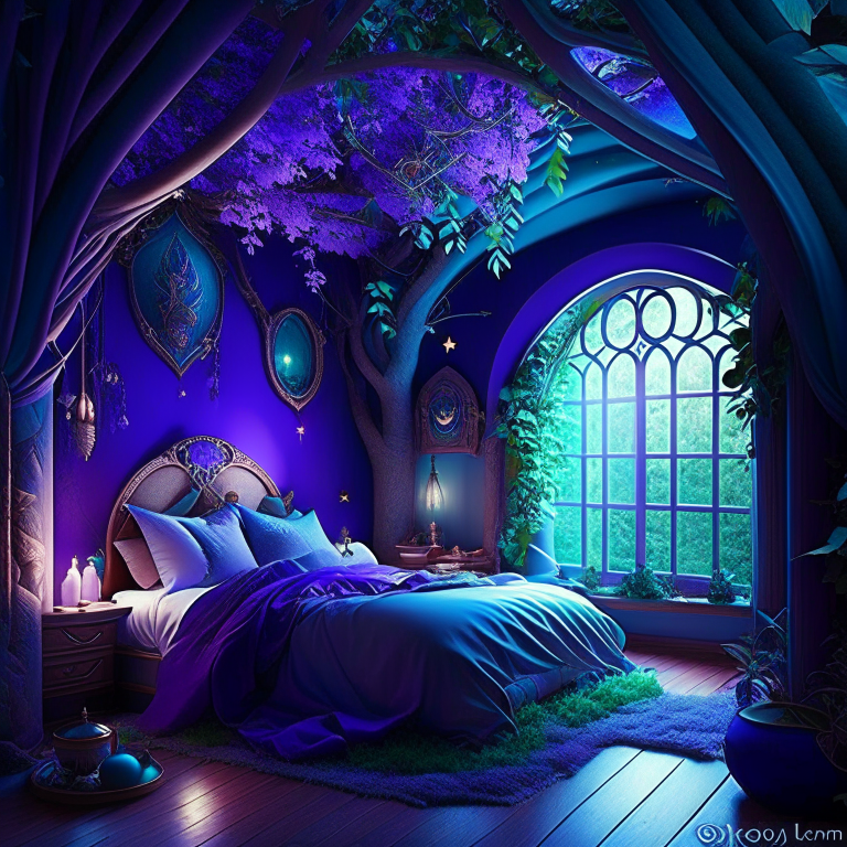 elf kingdom bedroom with ethereal lighting and elven artwork. 