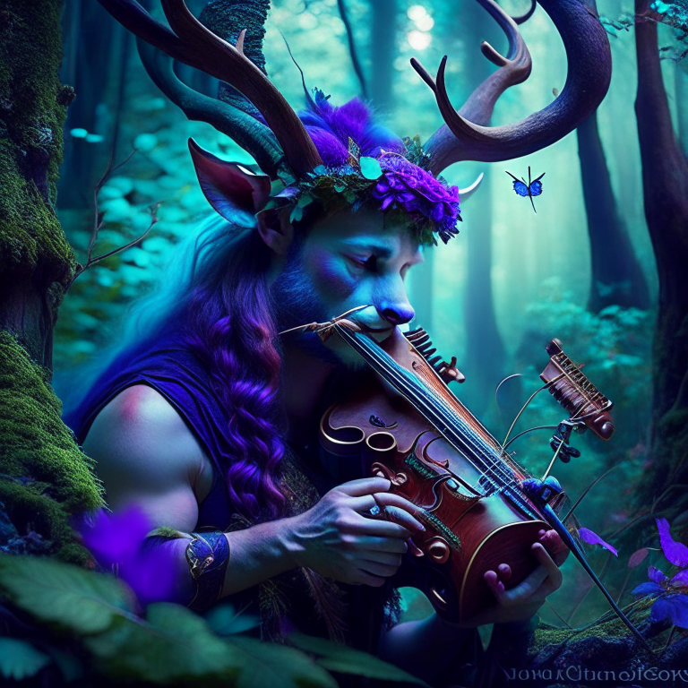 faun musician playing enchanted melodies to soothe a wrathful forest spirit. 